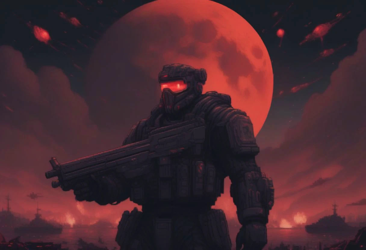 a man in a red helmet holding a gun in front of a full moon