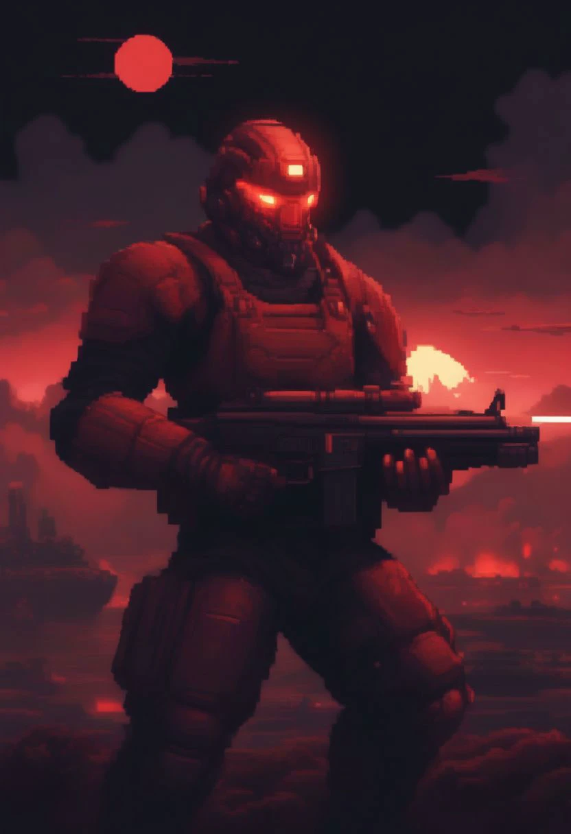 a man in a red helmet holding a gun in front of a sunset