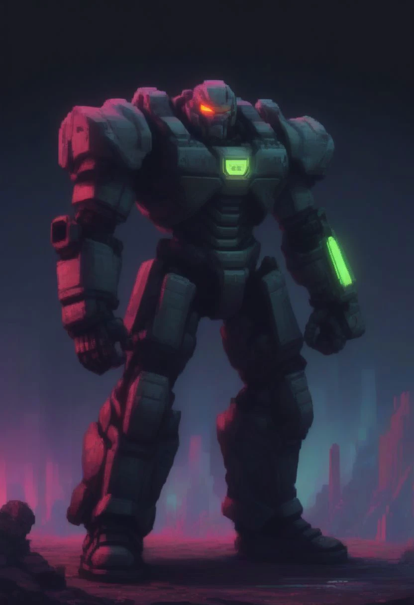 a large robot standing in front of a city at night