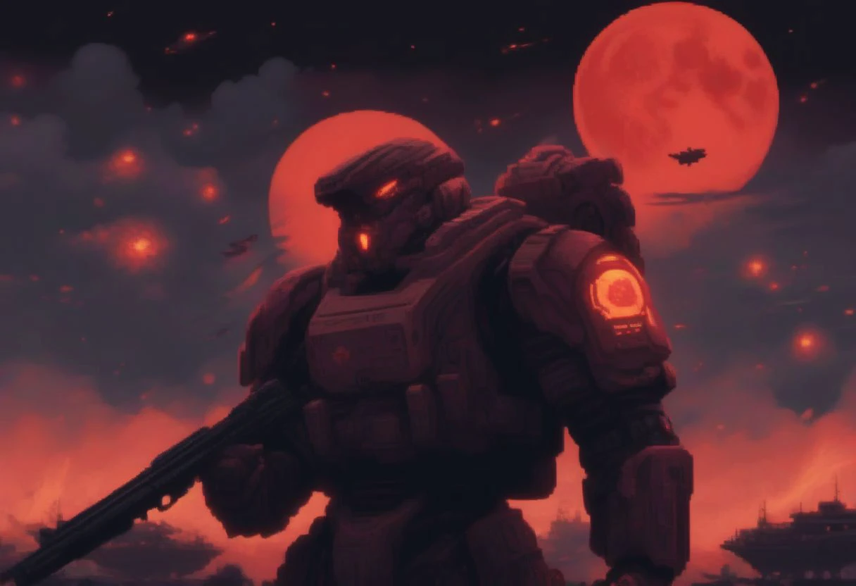 a man in a red suit holding a gun in front of a full moon