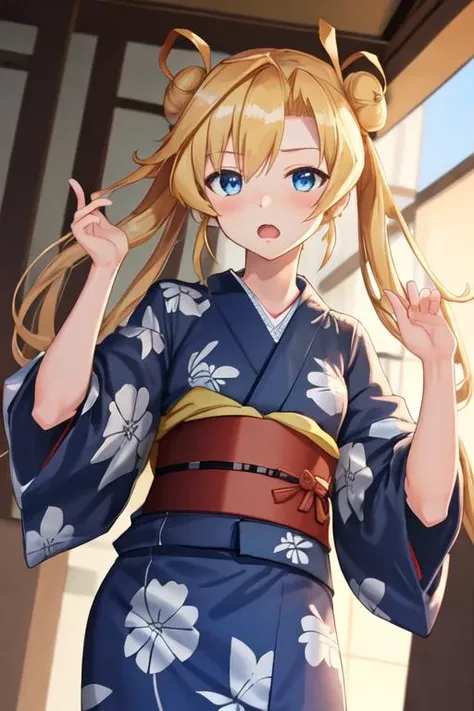 best quality, masterpiece, highres, solo, {yukata:1.40}, {kimono:1.20}, {abukuma_kantaicollection:1.15}, blonde_hair, long_hair, blue_eyes, hair_bun, double_bun, hair_rings, twintails, serafuku, hair_between_eyes, open_mouth