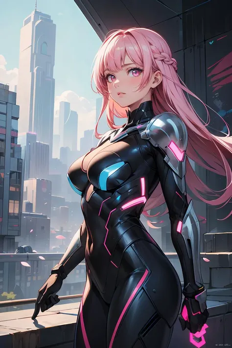 a woman in a futuristic suit standing on a ledge