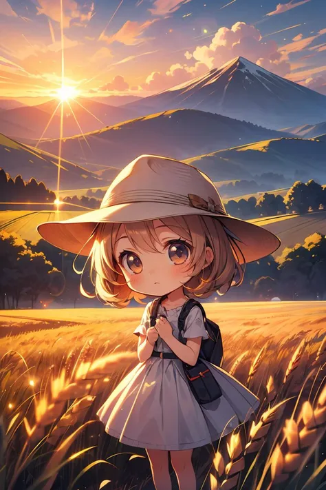 a girl in a hat standing in a field with a mountain in the background