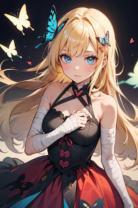 anime girl with butterfly hair and blue eyes in a red dress