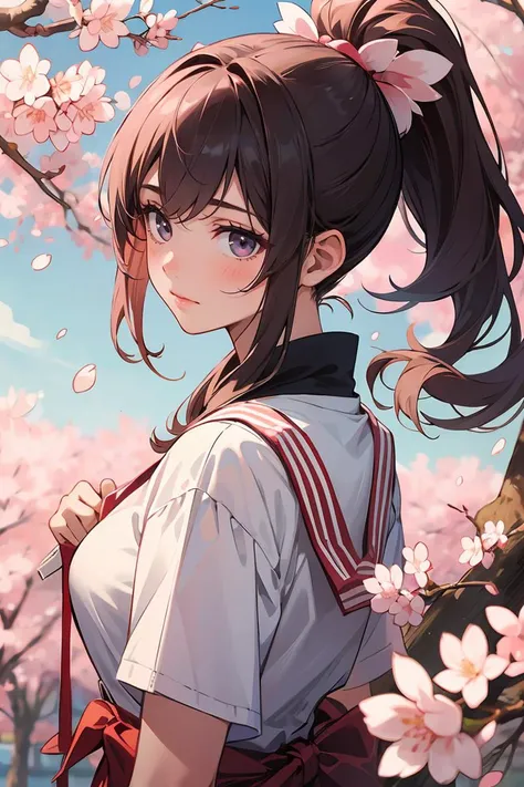 anime girl with ponytail hair and a white shirt standing in front of a tree