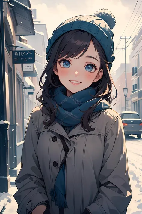 anime girl in winter coat and hat standing on snowy street