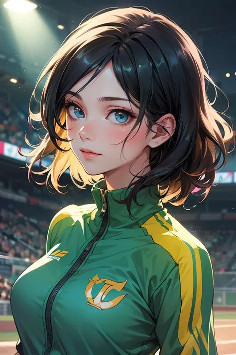 Cowboy Shot,((glossy eyes)),1girl,20s,light_smile,closed_mouth,long black hair,dark blue eyes,track suit,in a baseball field,upper body,(masterpiece, best quality, ultra-detailed),(an extremely delicate and beautiful,hyper photorealistic:1.1),(high resolut...