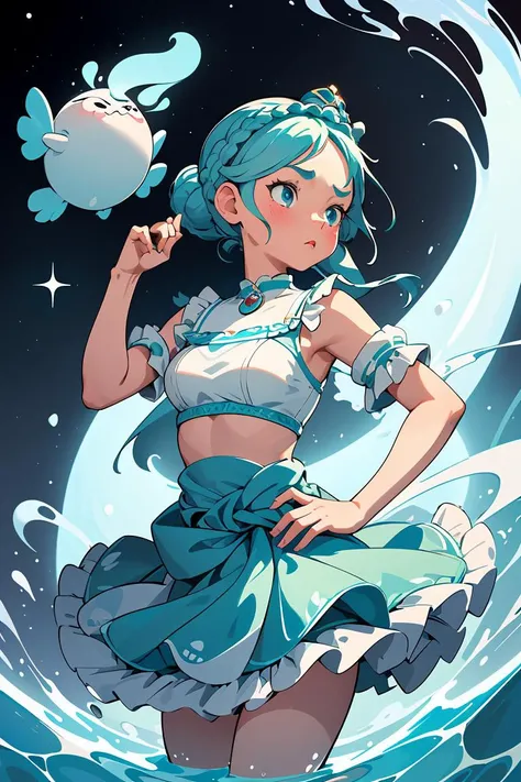 (masterpiece, best quality), female aging gracefully, buoyant, inuit, light blue eyes,  long nose,   full cheeks,      , aqua
 space buns hair, curiosity
 wearing  ruffled skirt,  bralette,  crown braid, 
, hands on the waist, conveying authority