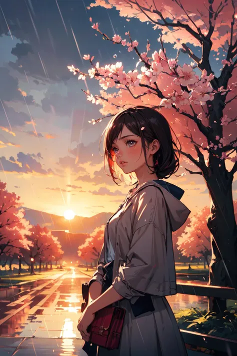 illustration, girl, rain, sunrise, stunning environment, cherry blossom trees, (highres, highly detailed:1.2), cinematic lighting, vibrant colors, <lora:epi_noiseoffset2:0.25>, <lora:more_details:0.25>