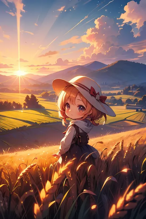 a girl in a hat standing in a field with a sun in the background