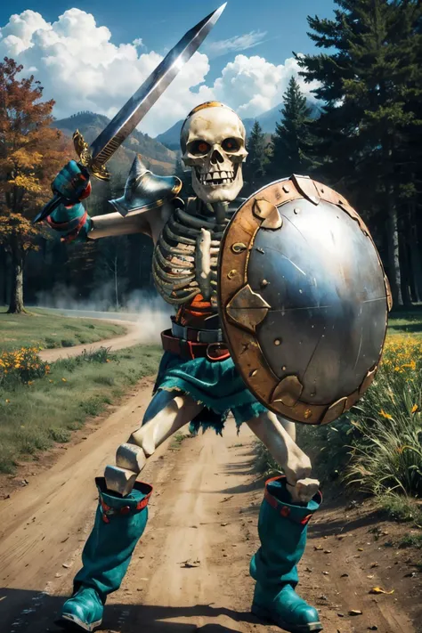 Stalfos_Zelda_OOT, (sword, swinging sword), skeleton, armor, red eyes, ribs, belt, boots, spikes, shield, looking intense, action pose, 
outside,park, trees, autumn, overcast, field, extreme detail, masterpiece, <lora:Stalfos_Zelda_OOT_Anime_Dim32:.8>