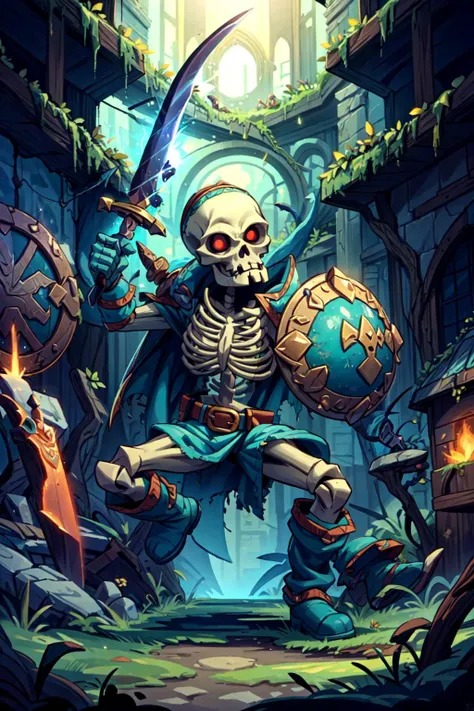 solo, <lora:Stalfos_Zelda_OOT_Anime:0.7> Stalfos_Zelda_OOT, (sword, swinging sword), skeleton, skull, armor, red eyes, no humans, ribs, belt, boots, spikes, shield, insinde a ruined temple, circular room, moss, ivy, <lora:add_detail:0.7>,  <lora:DruidMagic...