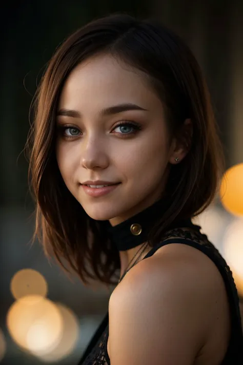 a close up of a woman with a black top and a necklace