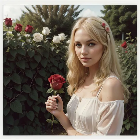 1970s vintage Polaroid photo, disposable camera quality, white woman, blonde hair, portrait, holding a red rose in front, in the garden, upper body perspective