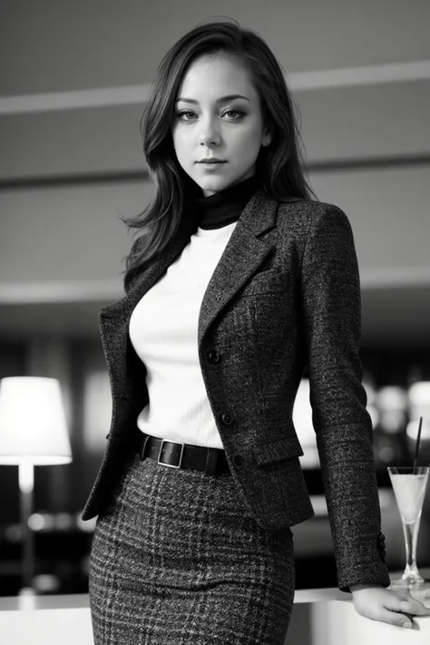 trendy cutting-edge scene, r3mylacroix-130, sfw, trendy business suit, tweed jacket, turtleneck and pencil skirt, cutting-edge trendy kitsch hotel lobby, standing, dynamic pose, intense stare, analog photo, film grain, (noir, black&white, b&w:1.2), sharp f...