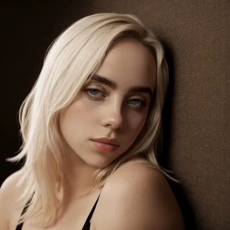 a close up of a woman with blonde hair leaning against a wall