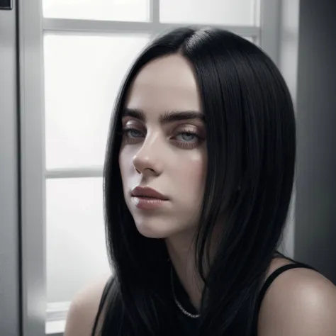 a close up of a woman with long black hair looking out a window