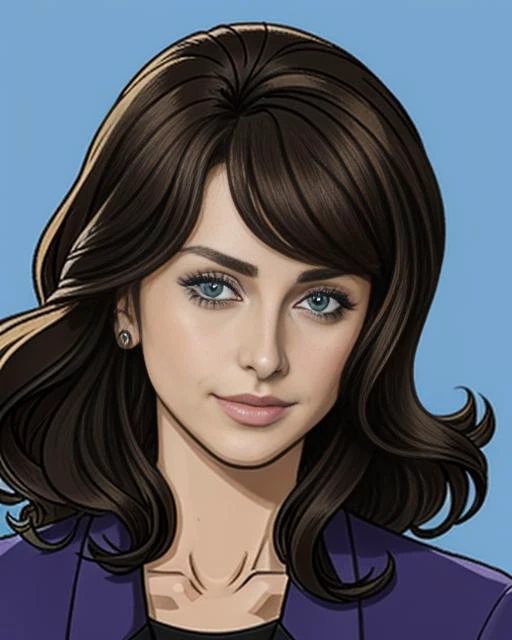 (Cel shading:1.3) [Farrah Fawcett|Aly Michalka],(Hardcore Art:1.3),(close portrait:1.3),thematic background