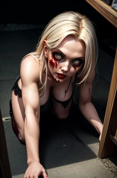 photograph of a famished (zombie) babe crawling towards me, on her hands and knees, seductive but scary, dangerous, intense eye contact, artistic erotica, high quality, by arny freytag, pov view (from above)