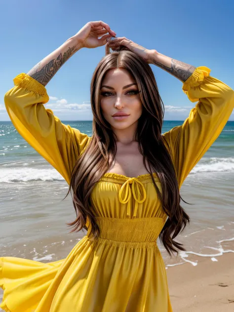 kissins, upper body photo of a gorgeous woman with and long flowing dark hair, wearing a yellow summer dress, bright sunny day at the beach, <lora:add_detail:1>, <lora:epiCRealismHelper:1>