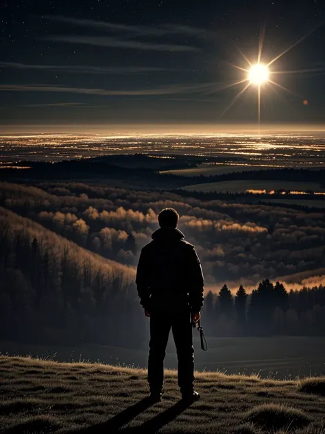 arafed man standing on a hill looking at the sun