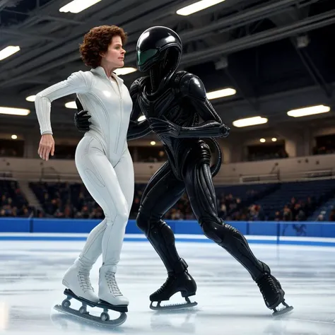 1boy, 1girl, Xenomorph, Sigourney Weaver as Ellen Ripley, figure skating, Aliens on Ice, ice rink, crowded indoor arena, depth of field <lora:LORA-XenoDetailer-v3A:0.3>