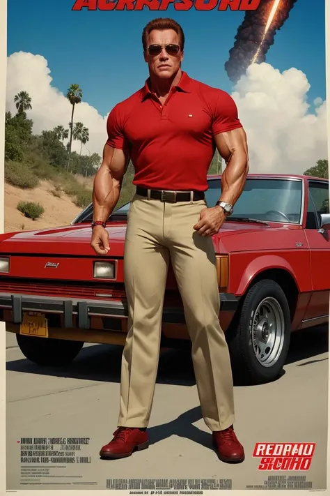 Movie poster, 1980s action blockbuster, male focus, starring Arnold Schwarzenegger as Jake from State Farm, red polo shirt, khaki pants, directed by Tony Scott, home and auto, explosive