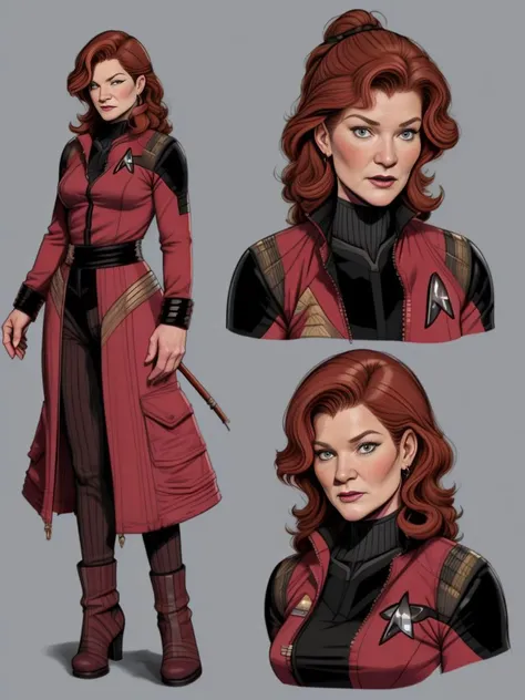 Kate Mulgrew as Captain Kathryn Janeway, Star Trek: Voyager, 
 <lora:CharacterDesign_Concept:0.8>
 (CharacterSheet:1), (multiple views, full body, upper body, reference sheet:1), perfect face,