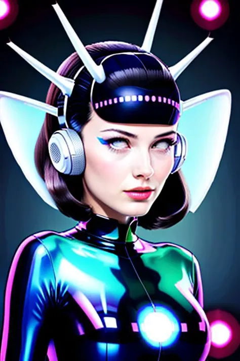 a woman in a futuristic outfit with headphones and headphones