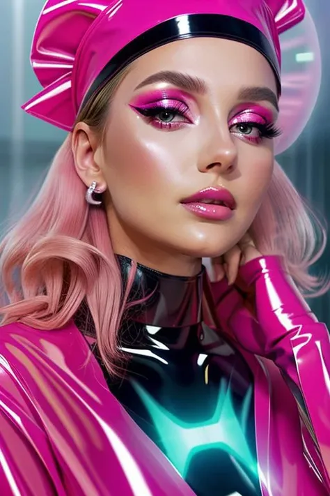 (bimbo hypnosis (theme):1), professional detailed (full length) photo of (latex nurse woman) being (brainwashed by pink mist), (pink shiny glossy translucent clothing:1.1), (pink gleaming oily latex fabric), (bimbo nurse uniform with pencil skirt and nurse...
