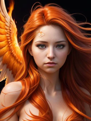 photo RAW, full color portrait, A beautiful female Phoenix in her natural habitat, masterpiece, award winning photography, lighting, perfect composition, high detail, hyper realistic, even natural lighting, epic, pretty makeup, flowing hair,