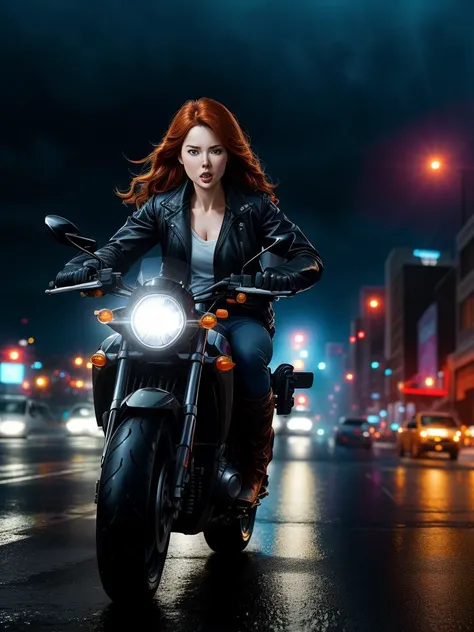 Jim Lee Style photo RAW, Jia Lissa on a motorcycle, Buckaroo Banzai, masterpiece, award winning photography, lighting, perfect composition, high detail, hyper realistic,dramatic lighting, epic, modern city, night, bokeh, wet roads, fog,