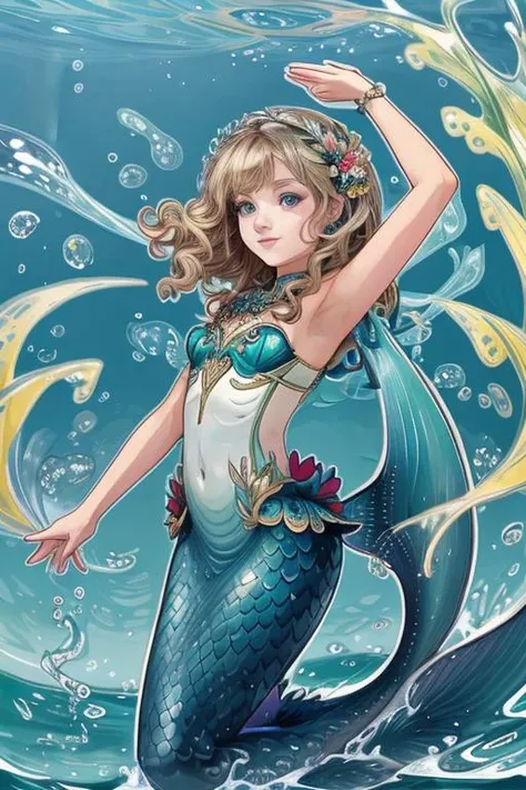 a girl in a mermaid costume is standing in the water