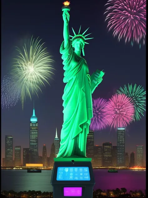 ((SFW)),Cyberpunk Raver Statue of Liberty, Digital Microchips, Fireworks,