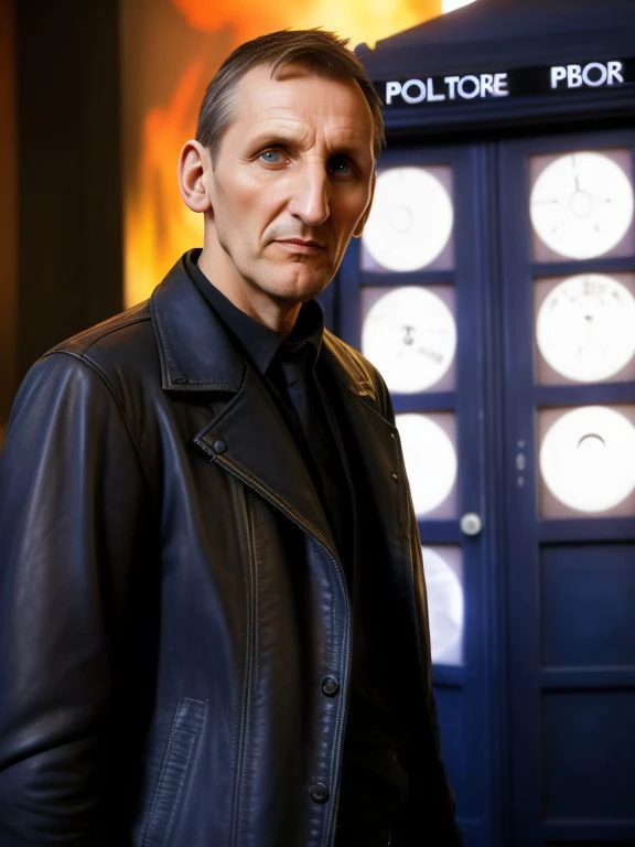 Leather Jacket, Christopher Eccleston is The Doctor, posing with the TARDIS in 1920s London,   in a Doctor Who episode directed by gaspar no