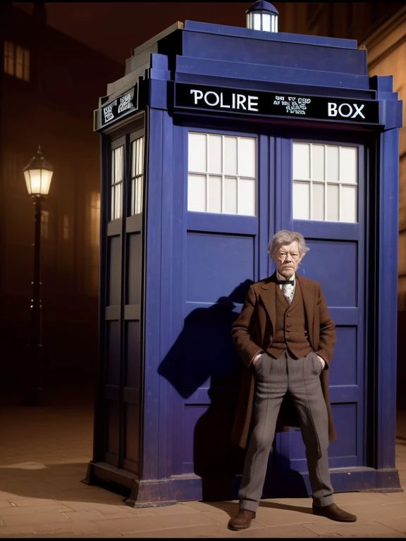 arafed man in a suit and tie standing next to a blue police box