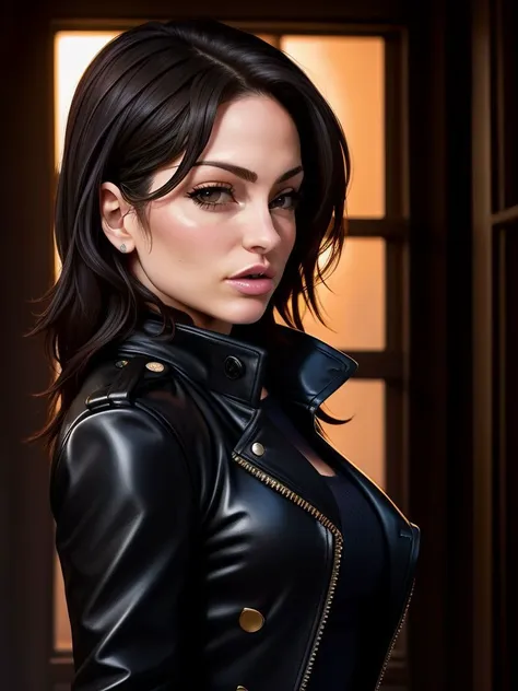 a woman in a black leather jacket posing for a picture