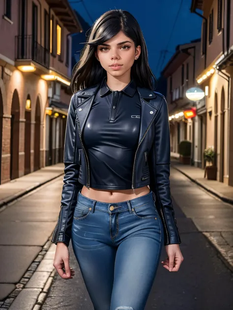 a woman in a black leather jacket and jeans walking down a street