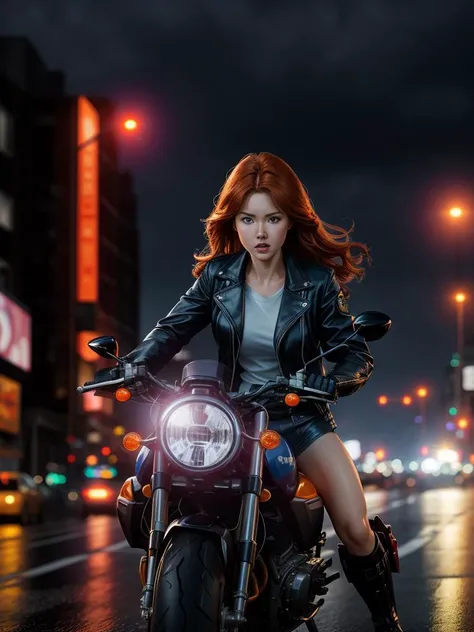 Jim Lee Style photo RAW, Jia Lissa on a motorcycle, Buckaroo Banzai, masterpiece, award winning photography, lighting, perfect composition, high detail, hyper realistic,dramatic lighting, epic, modern city, night, bokeh, wet roads, fog,