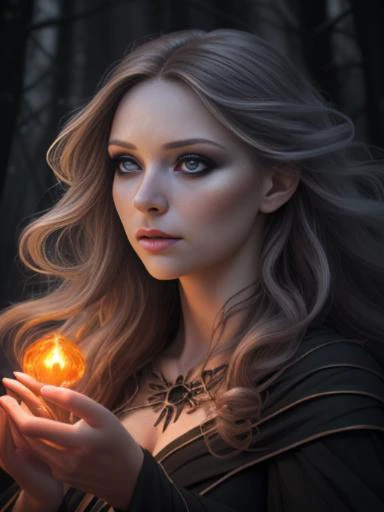 photo RAW, full color portrait, A beautiful female witches in her natural habitat, masterpiece, award winning photography, lighting, perfect composition, high detail, hyper realistic, even natural lighting, epic, pretty makeup, flowing hair,