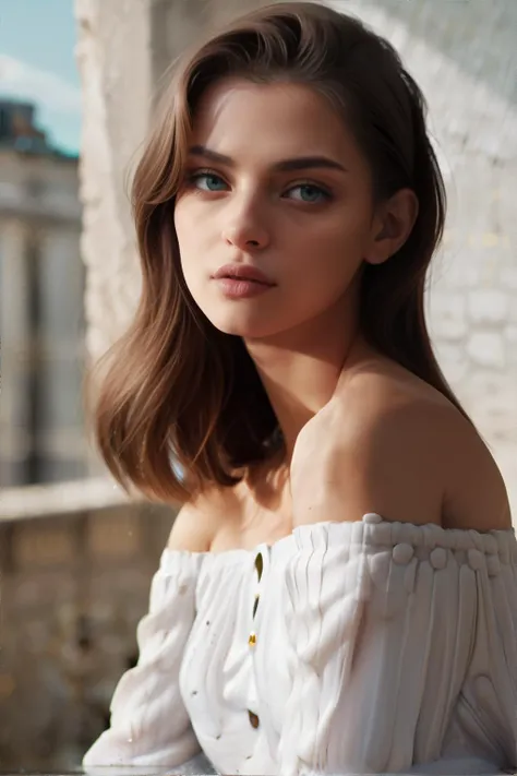 a woman with long hair wearing a white top and looking off to the side