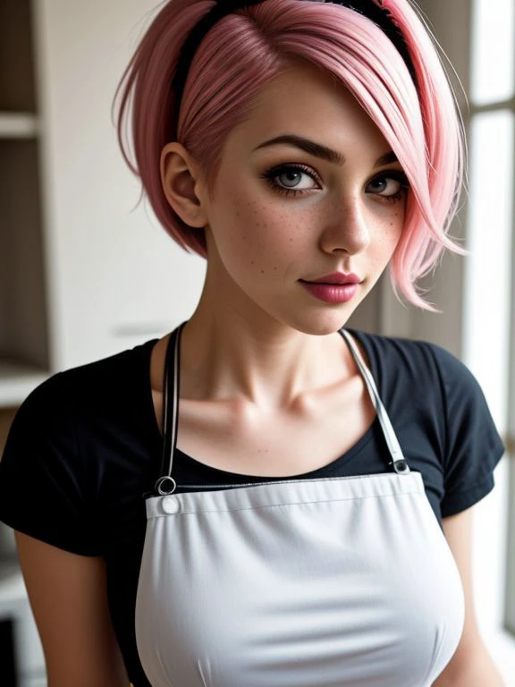 <lora:LCM_LoRA_Weights_SD15:1>   
a closeup portrait of a playful maid, undercut hair, apron, amazing body, pronounced feminine feature, busty, kitchen, [ash blonde | ginger | pink hair], freckles, flirting with camera