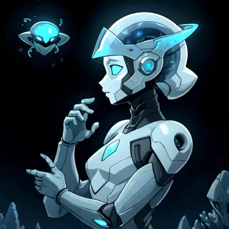 a close up of a robot with a futuristic head and a spaceship in the background