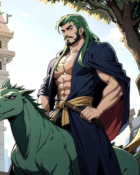 ((masterpiece), best quality, high quality, professional quality, highly detailed, highres, perfect lighting, natural lighting), (1boy, muscular, handsome, facial hair, long hair, green hair), wearing wizard robes, riding a dragon, outdoors