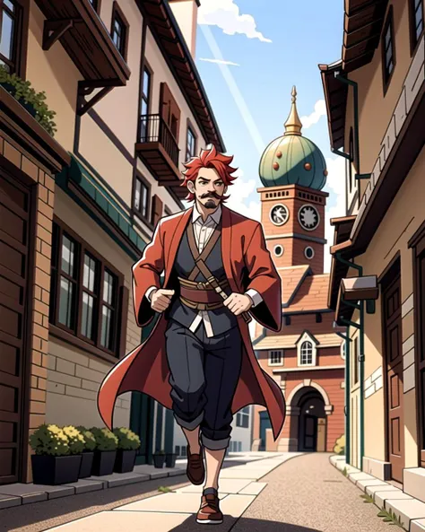 ((masterpiece), best quality, high quality, professional quality, highly detailed, highres, perfect lighting, natural lighting), (1boy, slender, handsome, mustache, short hair, red hair), wearing wizard robes, running, in a fantasy town