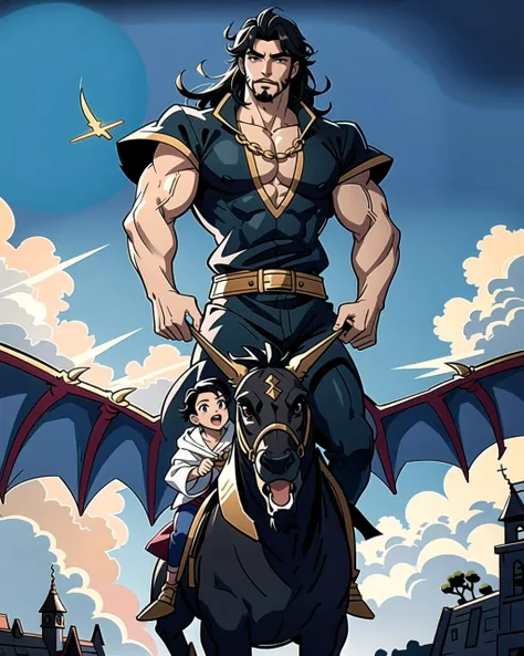 ((masterpiece), best quality, high quality, professional quality, highly detailed, highres, perfect lighting, natural lighting), (1boy, muscular, handsome, goatee, medium length hair, black hair), wearing wizard robes, riding a dragon, in a fantasy town