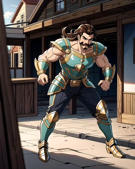 ((masterpiece), best quality, high quality, professional quality, highly detailed, highres, perfect lighting, natural lighting), (1boy, muscular, handsome, mustache, medium length hair, brown hair), wearing armor, running, in a fantasy town