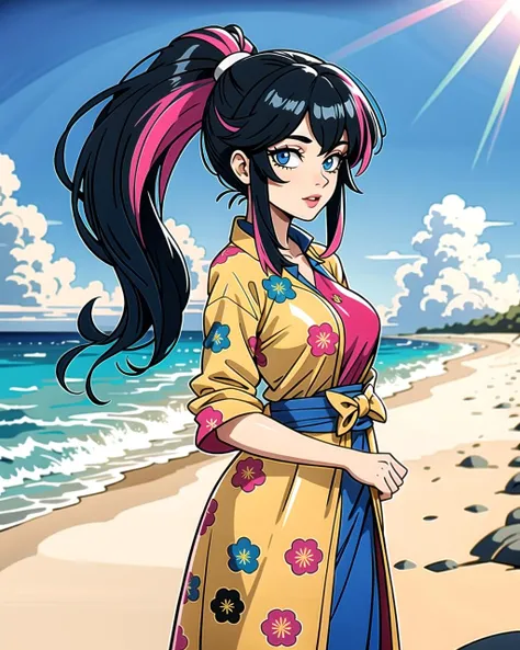 ((masterpiece), best quality, high quality, professional quality, highly detailed, highres, perfect lighting, natural lighting), (1girl, beautiful, medium breasts, (multicolored hair, blue hair,pink hair,black hair, long hair, high ponytail), perfecteyes e...