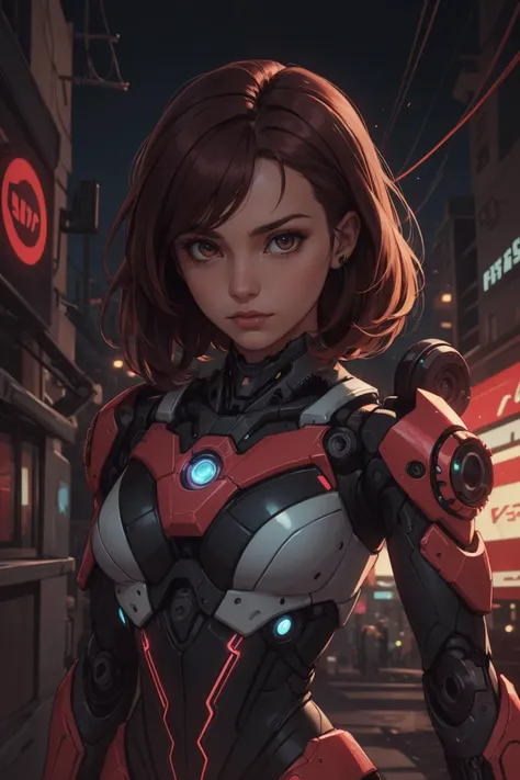 a woman in a futuristic suit standing on a city street