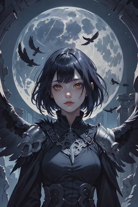 a woman with black hair and wings standing in front of a full moon